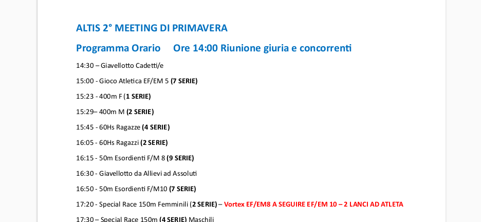ALTIS 2° MEETING DI PRIMAVERA Programma Orario